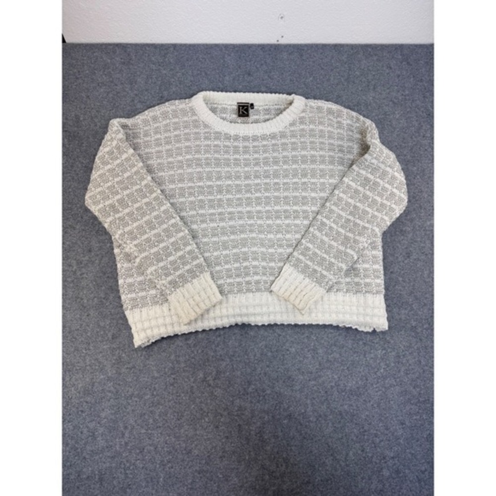 K by Kinnucan's‎ Womens Knit Sweater Gray White Crew Neck Casual